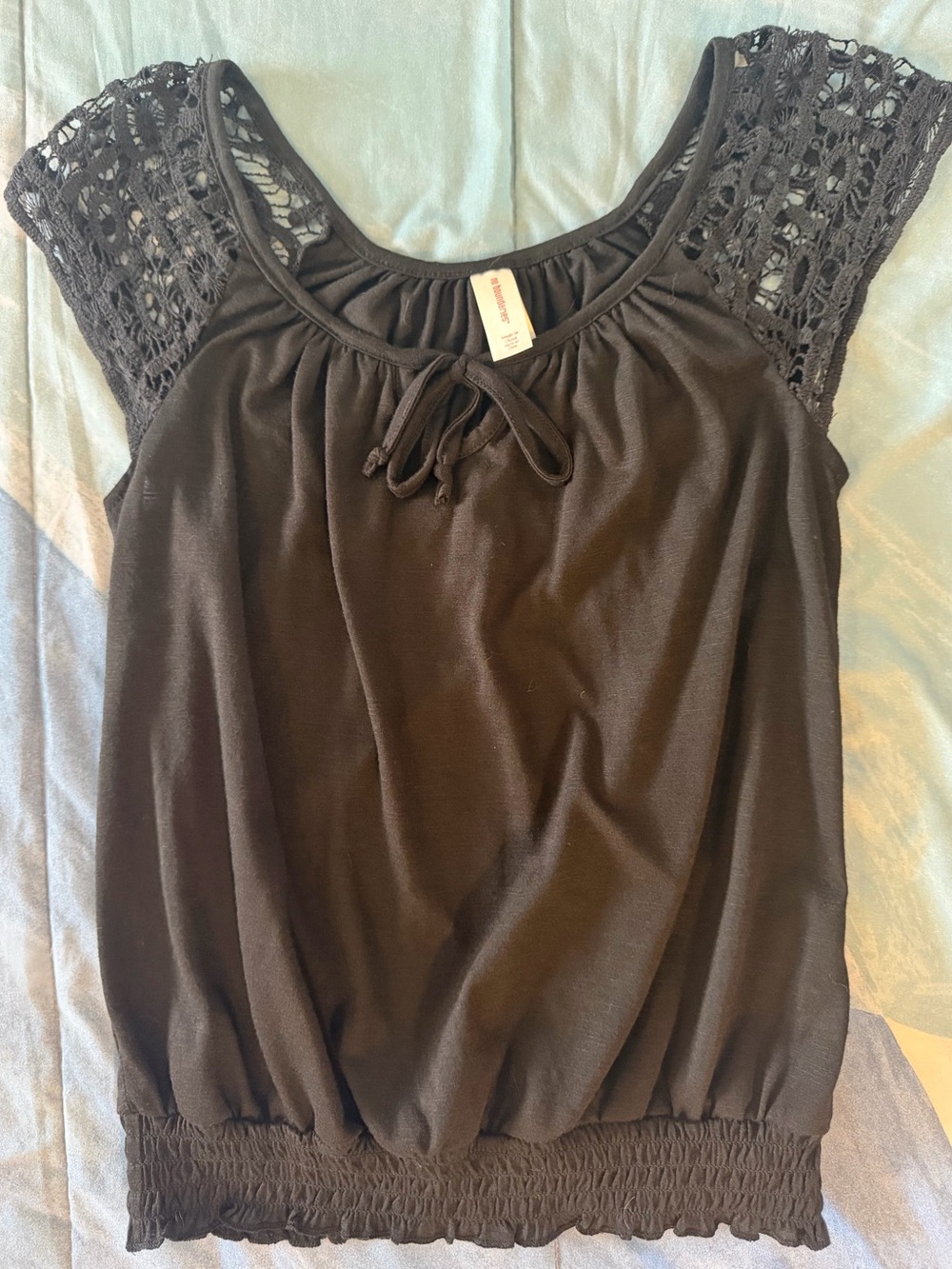 Black Crochet Sleeve Tie-Front Tunic Top